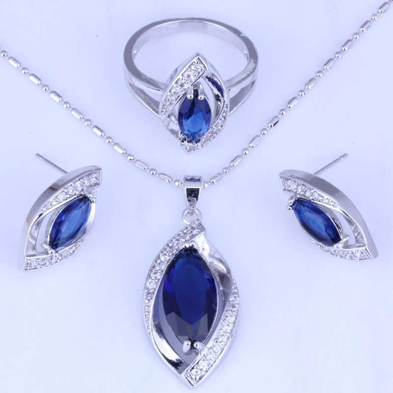 

Necklace Earrings Set Top Quality Fondness Blue Crystal & Cubic Zirconia Stud Earrings/Pendant Necklace/Ring Silver Color H0243, Picture shown