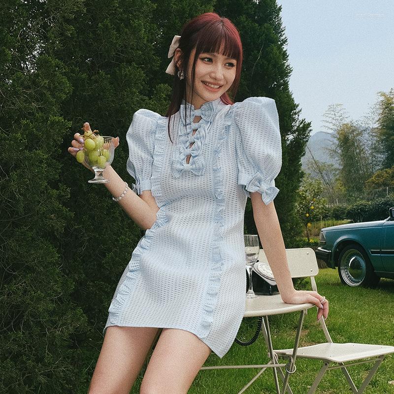 

Party Dresses Summer Lolita Look Cutout Fresh Light Blue Jacquard Puff Sleeve Dress Bow Ruffles One Piece Robe Vestido, Sky blue