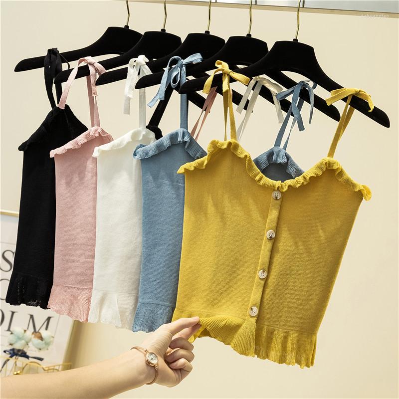 

Women's Tanks Summer V Collar Womens Tank Tops High Quality Solid Color Knitted Ruffles Casual Woman Vests Short Style Slim Fit Lady Camis, Black