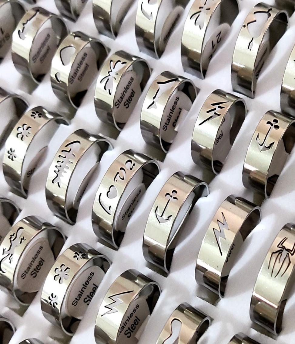 

Bulk lots 100pcslot Top Mixed Laser Cut Stainless Steel Silver Ring Men Women Fashion Cool Finger Ring Party Jewelry9882050