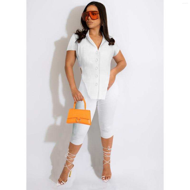 

Women' Two Piece Pants 2022 INS Young Sexy Solid Asymmetrical Open Stitch Shirt Short Sleeve Skinny Calf-Length Women 2 Set, Black