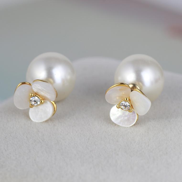 

Luxury Big Pearl Sweet Flower Double Side Designer Stud Earrings Charm Stainless Steel Brand Style Crystal Rose Ear Rings Jewelry 3425229