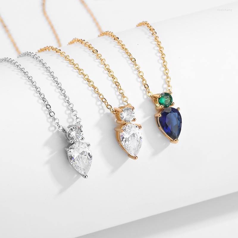 

Pendant Necklaces JUNZI Fashion Water Drop Zirconia For Women Exquisite Green/Blue Color Geometry CZ Crystal Wedding Jewelry