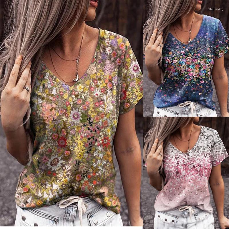 

Women's T Shirts Summer Casual Tee Short Sleeve Women T-shirts Flower Print Street Tops Female V-neck Loose T-shirt YQ1035, Pr1