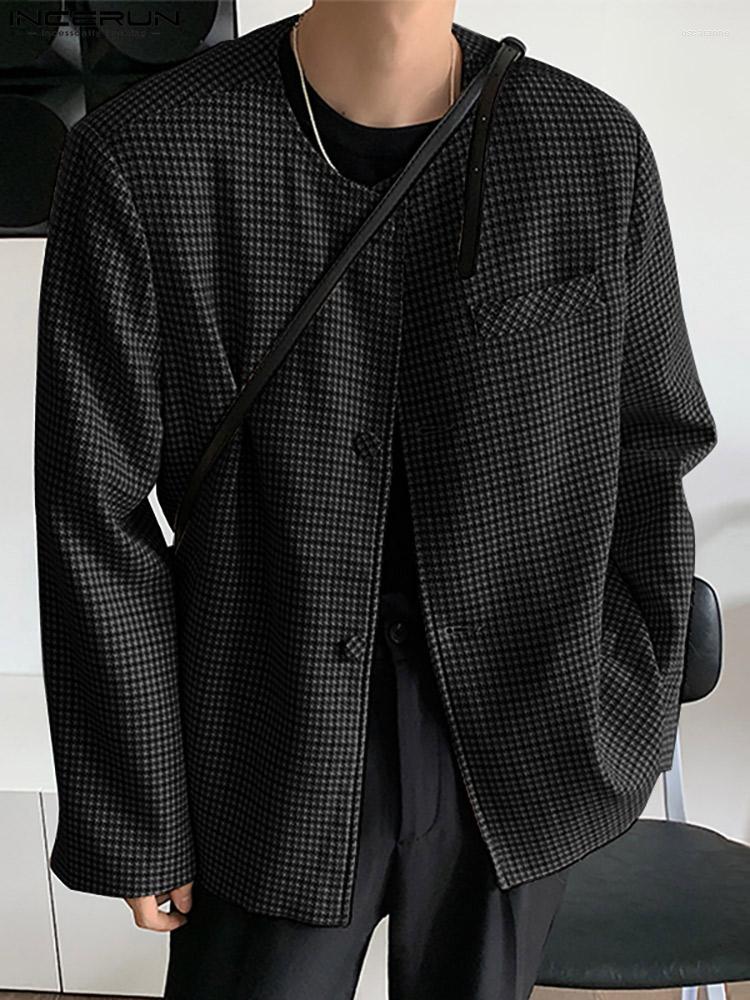 

Men' Suits INCERUN Men Casual Blazer Plaid O-neck Long Sleeve Button Streetwear 2022 Fashion Korean Loose Mens Thin Coats -5XL, Black