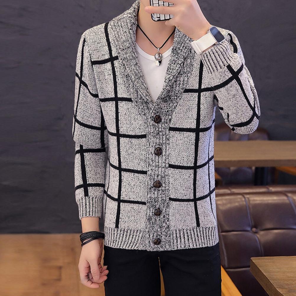 

Men's Sweaters Men Winter Coat Stripe Bouncy Long Sleeves Contrast Color Knitting Thermal Cardigan Turndown Collar Sweater Coat Male Clothes 221114, Light grey
