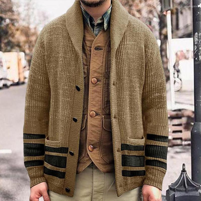 

Men's Sweaters Trendy Men Sweater Coat Pockets Thermal Striped Slim Fit Spring, Khaki