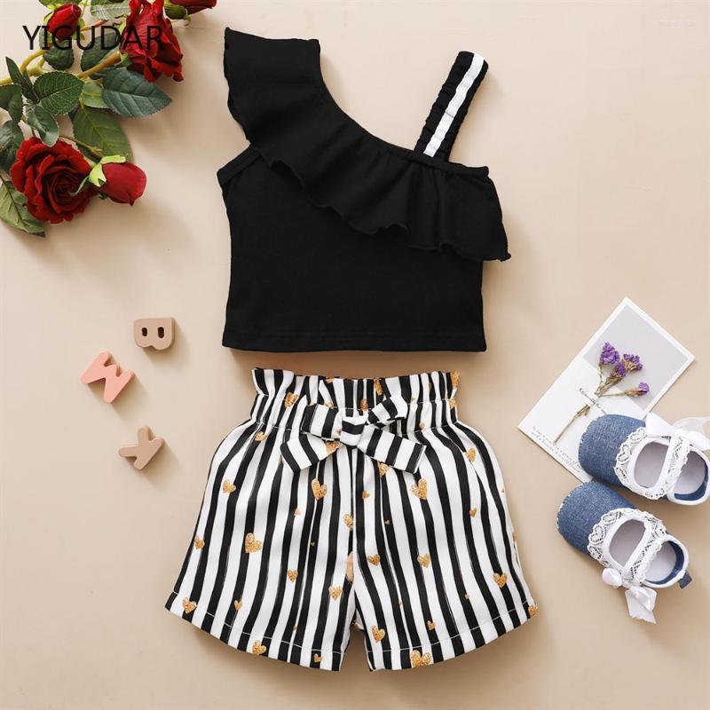 

Clothing Sets Kids Girls Suit Set Summer Stripes Print One Shoulder Sleeveless Short Tops Shorts For 18 Months-6 Years, Picture1