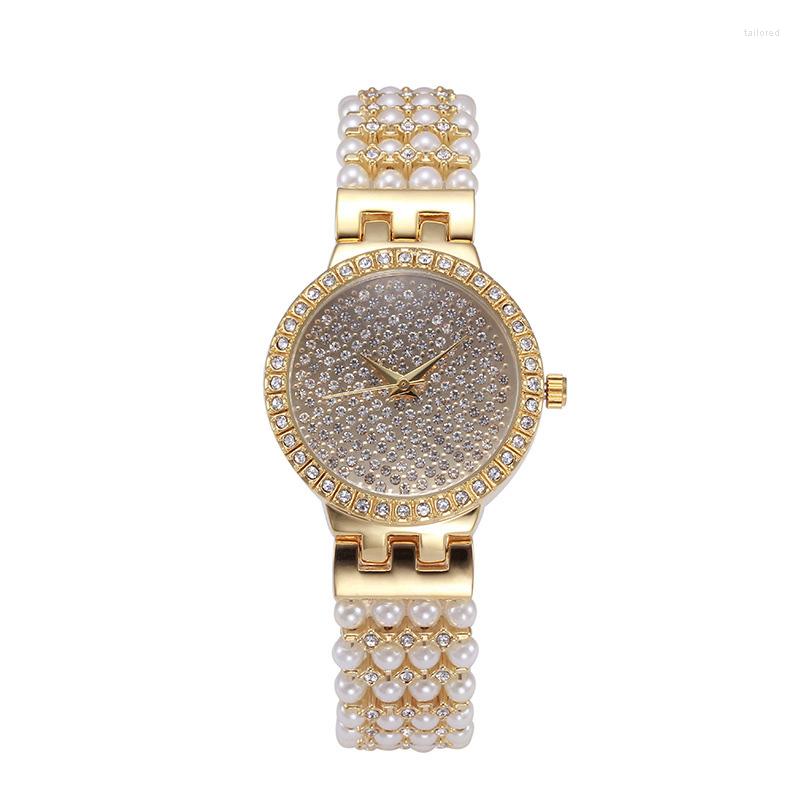 

Wristwatches Women's Elegant Pearl Quartz Wristwatch Stainless Steel Watchband Full CZ Stone Dial Female Ladies Waterproof Watch Gold