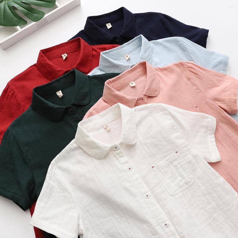 

Women's Blouses Summer Shirts For Women White Short Sleeve Cotton Gauze Lady Tops Solid Color Female Clothing, Blue