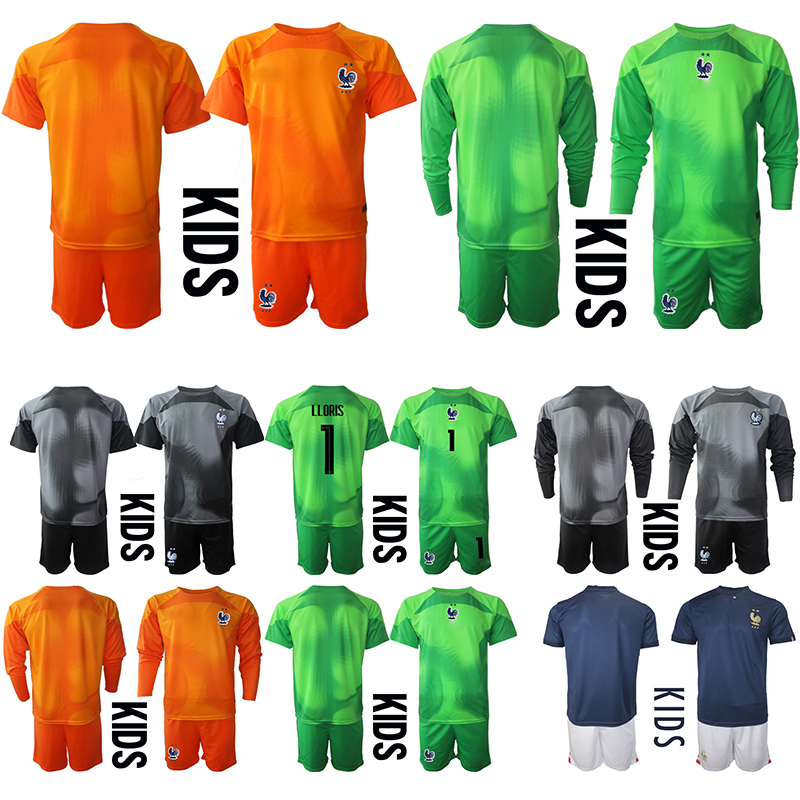 

23 Kids Jerseys National France Team Soccer Goalkeeper LLORIS 1 Long Sleeve Tshirt Set Goalie 16 Steve Mandanda 23 Mike Alphonse Short Football Shirt Kits Uniform