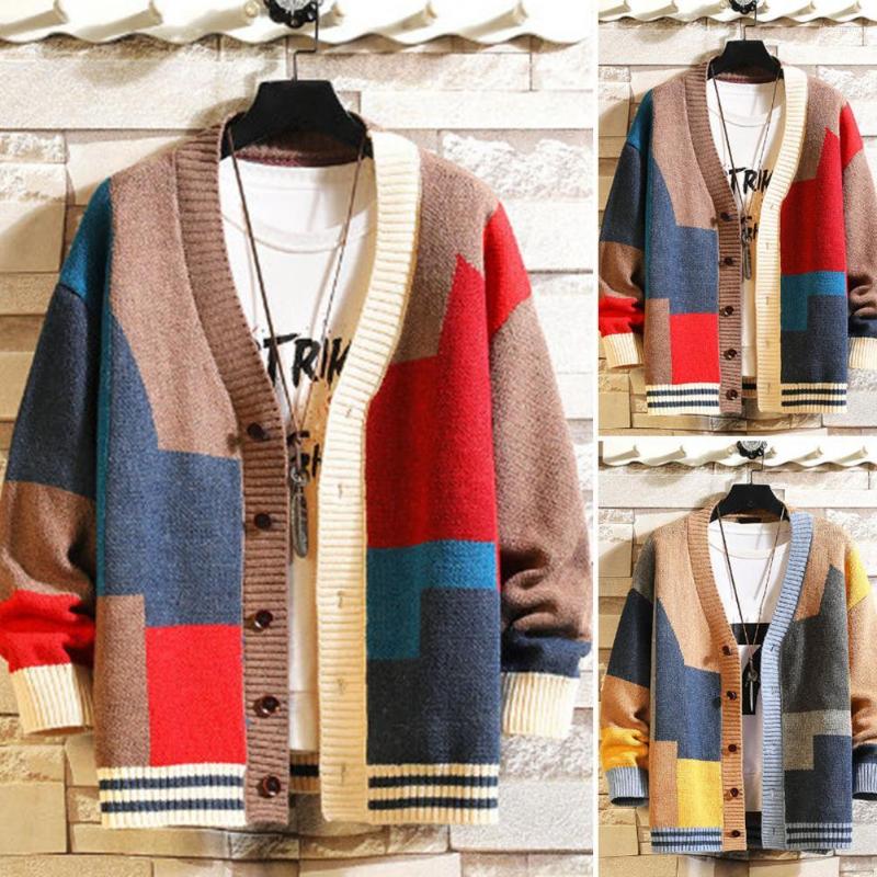

Men's Sweaters Stylish Autumn Sweater Coat Single-breasted Thermal V Neck Streetwear Men, Red