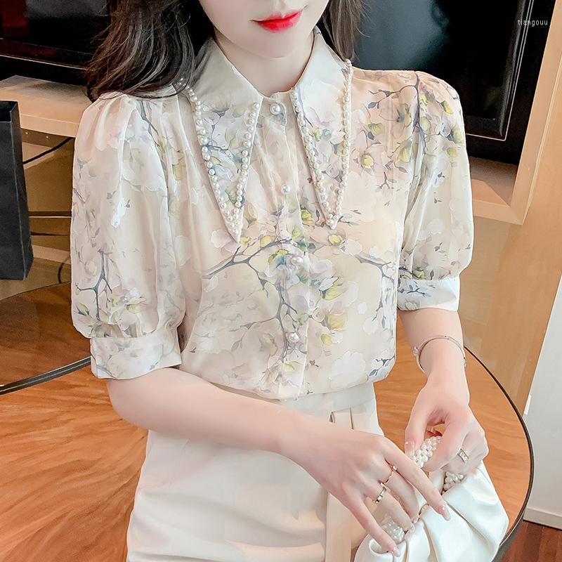 

Women' Blouses 2022 Summer Pearl Beaded Point Collar Blouse Shirt High Quality Flower Print For Women Short Sleeve Tops Female, Blue tops