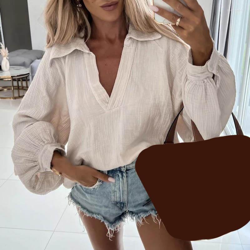 

Women's Polos Women V-neck Casual Tops Ladies Fashion Long Sleeve Cotton Blouse Elegant Turn-down Collar Button Loose Shirt Pullover 2023, White