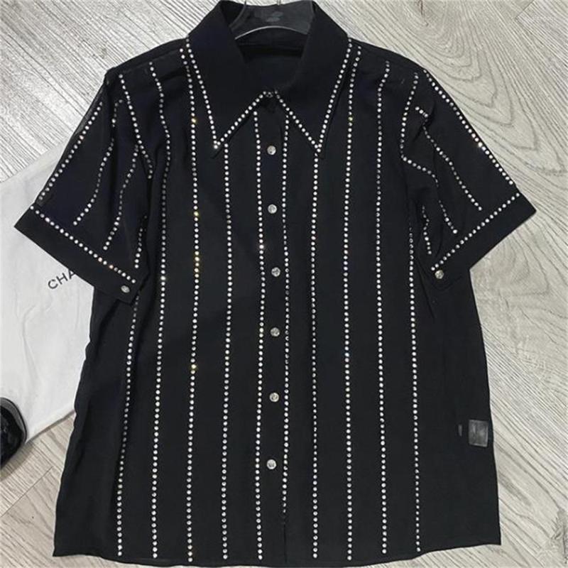 

Women' Blouses Summer Chiffon Shirt Drill Striped Short-sleeved Loose Fashion Black Top