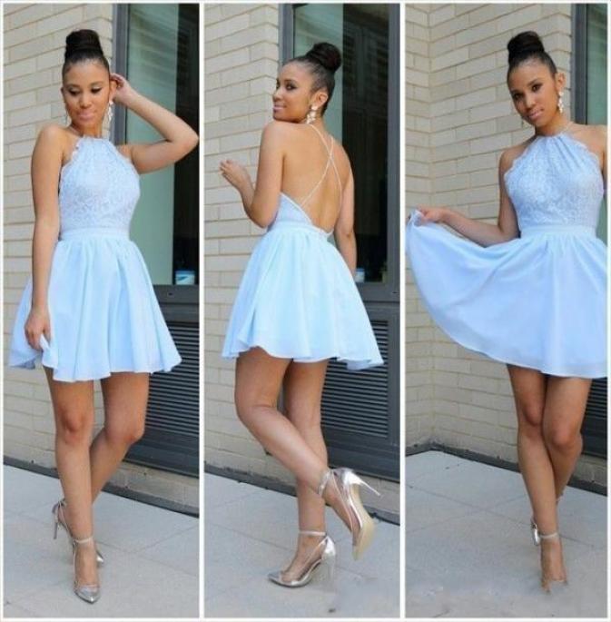 

2020 New Cheap Sweet 16 Blue Homecoming Dresses Halter Lace Appliques Chiffon Short Criss Cross Back Prom Dress Party Dress Cockta9887471, Gold