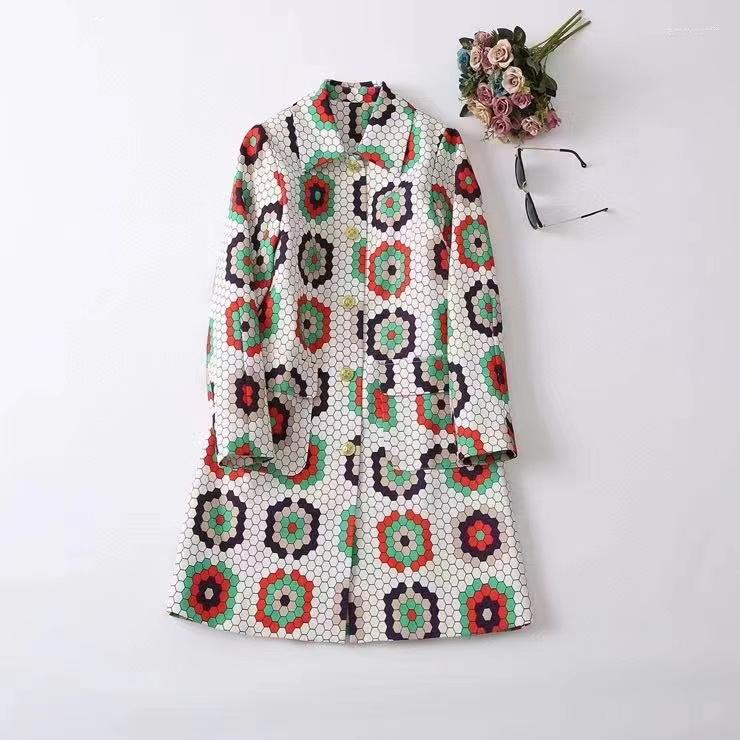 

Women' Trench Coats European And American Women' Wear For Winter 2022 Long Sleeve Lapel Single Breasted Geometric Print Fashion Coat, Multi