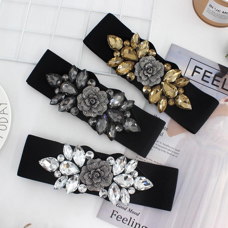 

Belts 2022 Women Rose Flower Rhinestone Waist Belt Elastic Corset Waistband Dress Decorate Party Floral Cummerbunds Buckle Wide, Black