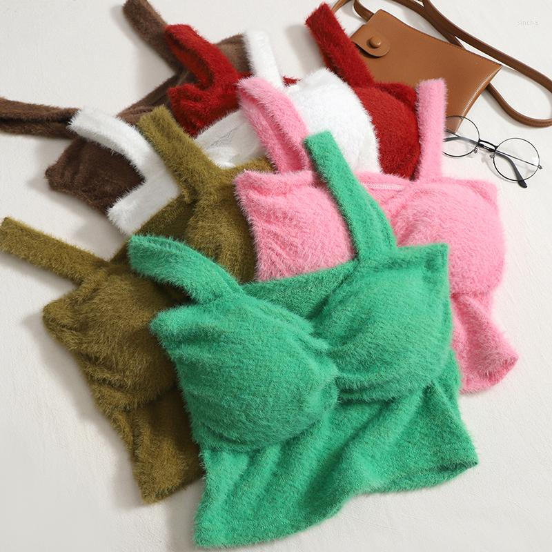 

Women's Tanks Sweet Faux Fur Padded Camisole Women Slim Stretchy Soft Autumn Winter Tank Crop Top Gilrs Solid Tees With Bras, White