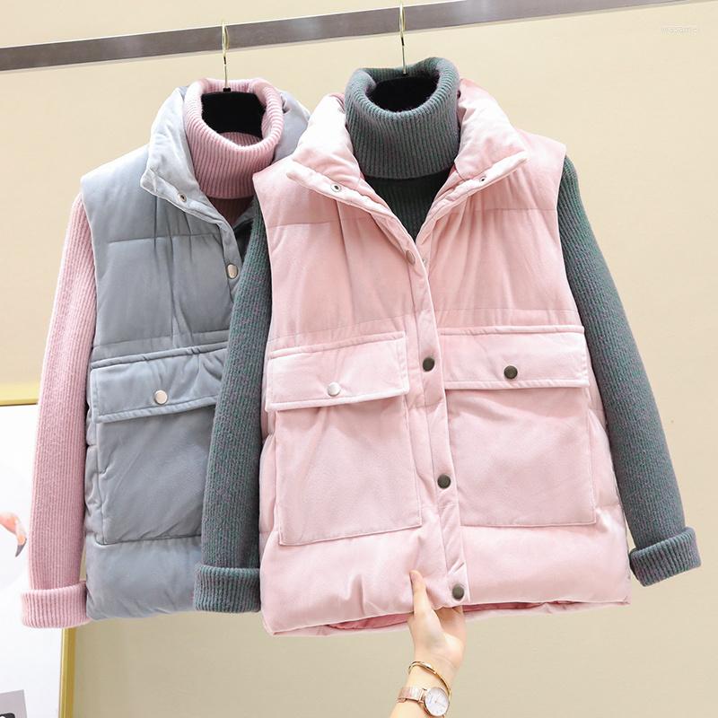 

Women's Vests Fashion Gold Velvet Loose Large Size Short Jackets Women's Clothing 2022 Autumn Winter Korean Down Cotton Vest Coats Fp421, Beige