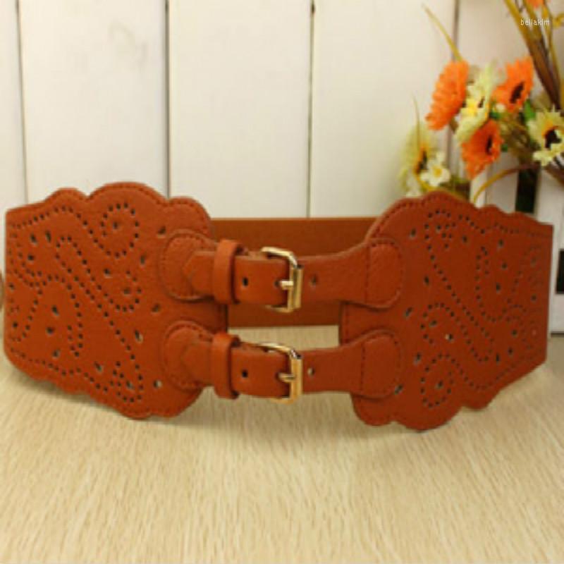 

Belts Women Retro Waistband Elastic Slender Belt Double Buckle Saddle Waist Seal Hollow Out Two Rows Of Femal, White