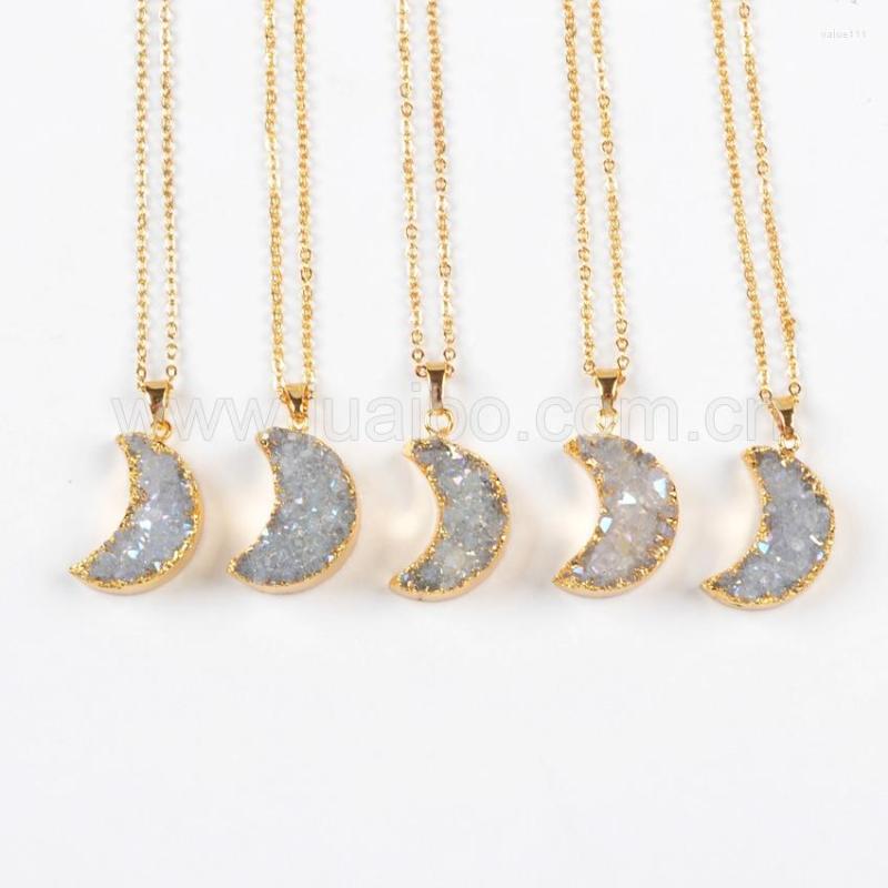 

Pendant Necklaces Arrival Druzy Natural Agate Titanium AB Moon Shape Making Necklace For Women Or Girl G0388