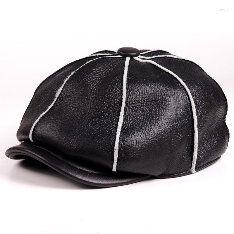 

Berets Men Hat Autumn And Winter European Style Warm Fur Ear Protector Beret Cap Leather Worker Husband, Black