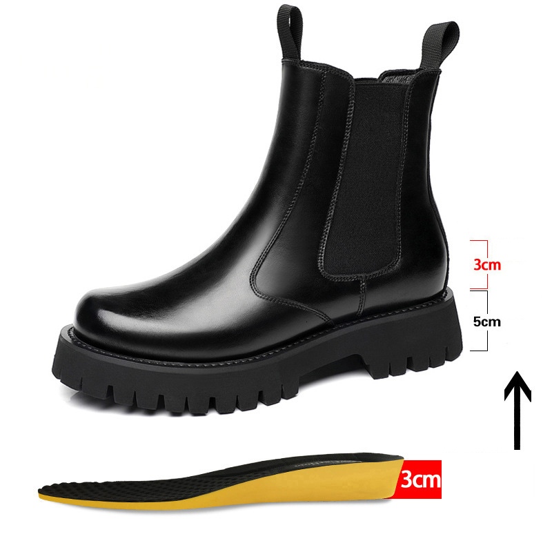

Boots Elevator Men Leather Chelsea 8CM Taller Winter Mens Ankle Height Increased Autumn High Top Male Platform Shoes Fur 221114, Flat heel with fur