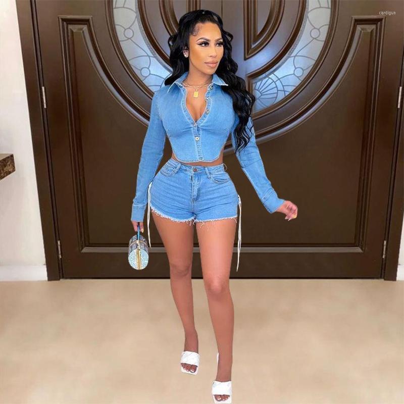 

Women' Tracksuits Women Denim Two 2 Piece Set Classic Backless Crop Tops And Lace Up Shorts Matching Outfits Streetwear Jean Tracksuit, Sky blue