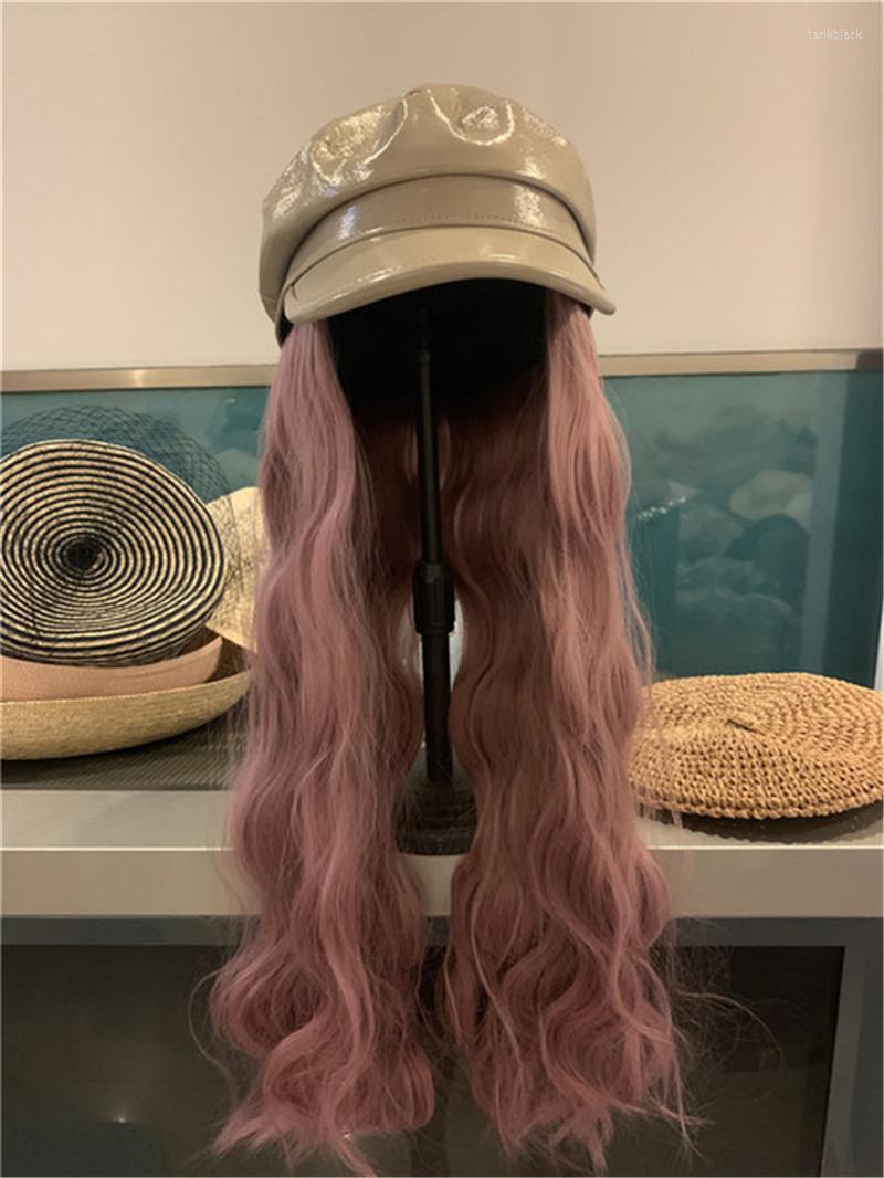 

Berets 202211-shi Drop Fashion Pu Hat Patchwork Long False Hair Lady Service Octagonal Women Leisure Visors Cap, Beige h black hair