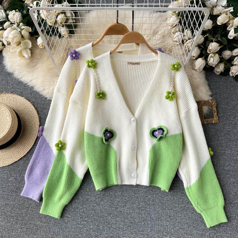 

Women's Knits Sweet Colorblock Knitted Cardigan Woman Floral V Neck Long Sleeve Beading Kawaii Sweater Female Button Casual Loose Drop, Green