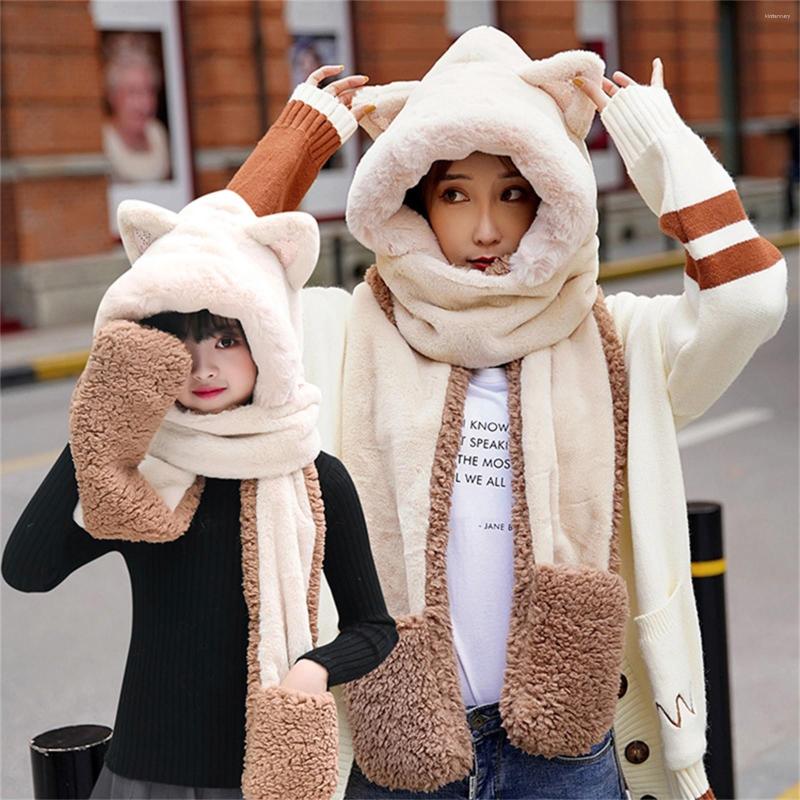 

Berets Cartoon Bear Ear Scarf Protection Hat ChildrenAutumn Winter Furry Cute Girl Plush Hooded Korean Version Versatile Warm