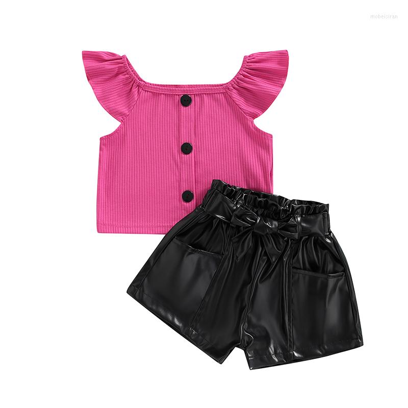 

Clothing Sets Sweet Girls Summer Clothes Solid Color Ruffled Short Sleeve Button Tops And Leather Shorts Set, Picture shown