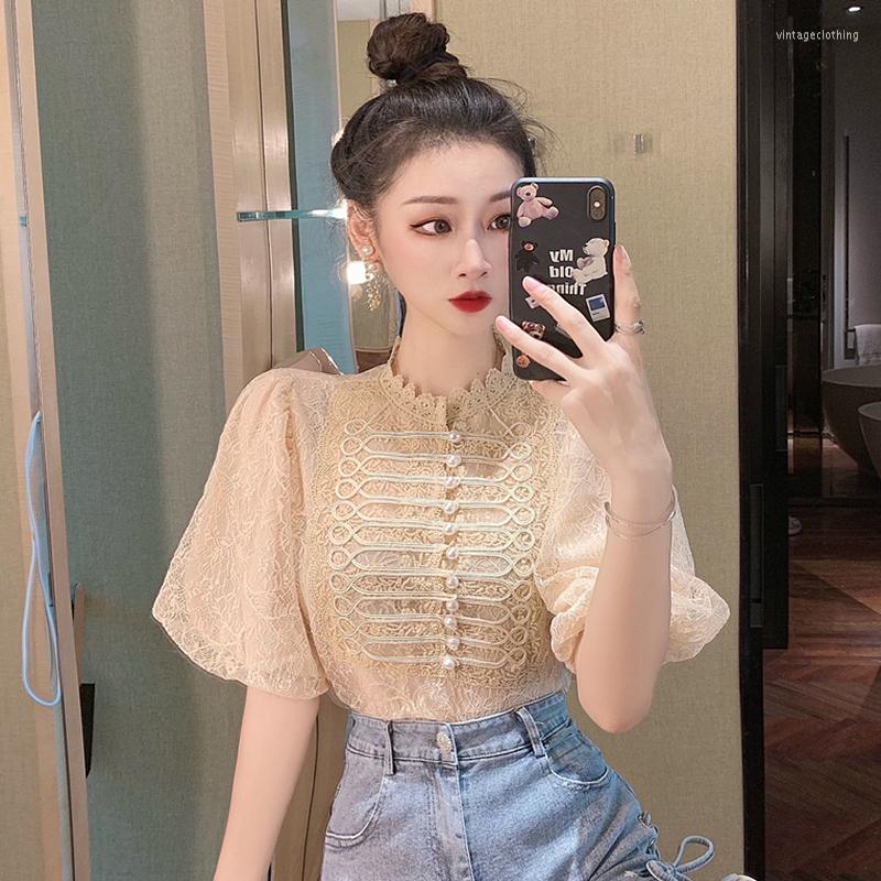

Women' Blouses Vintage Lace Blouse Women Korean Puff Sleeve Tops Pearls Shirts Court Style Embroidery White Black Femme
