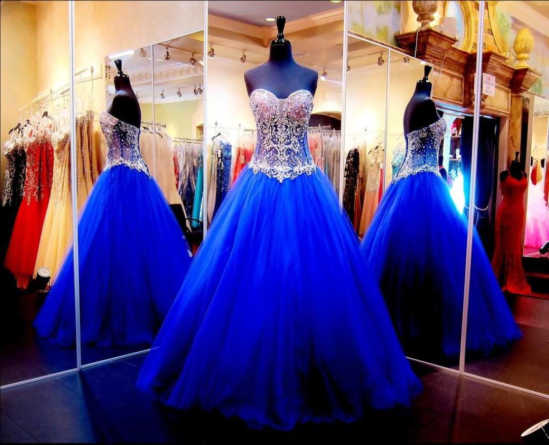 

2016 New Bling Royal Blue Ball Gown Quinceanera Dresses Sweetheart Illusion Sweet Sixteen Prom Dress Crystals Rhinestones Long ves7121735