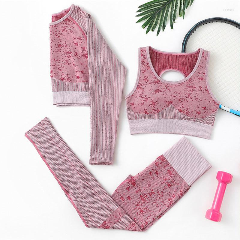 

Active Sets Seamless Women Yoga Set Workout Shirts Sport Pants Bra Fitness Long Sleeve Crop Top High Waist Leggings Running 3 Piece Gym Suit, Pink
