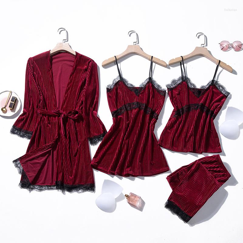 

Women's Sleepwear Sexy Lady Four Piece Pajamas Velour Strap Top Pants Sets Woman Home Wear Nightgown Suit Kimono Sleep Robe Bath Gown, Gray