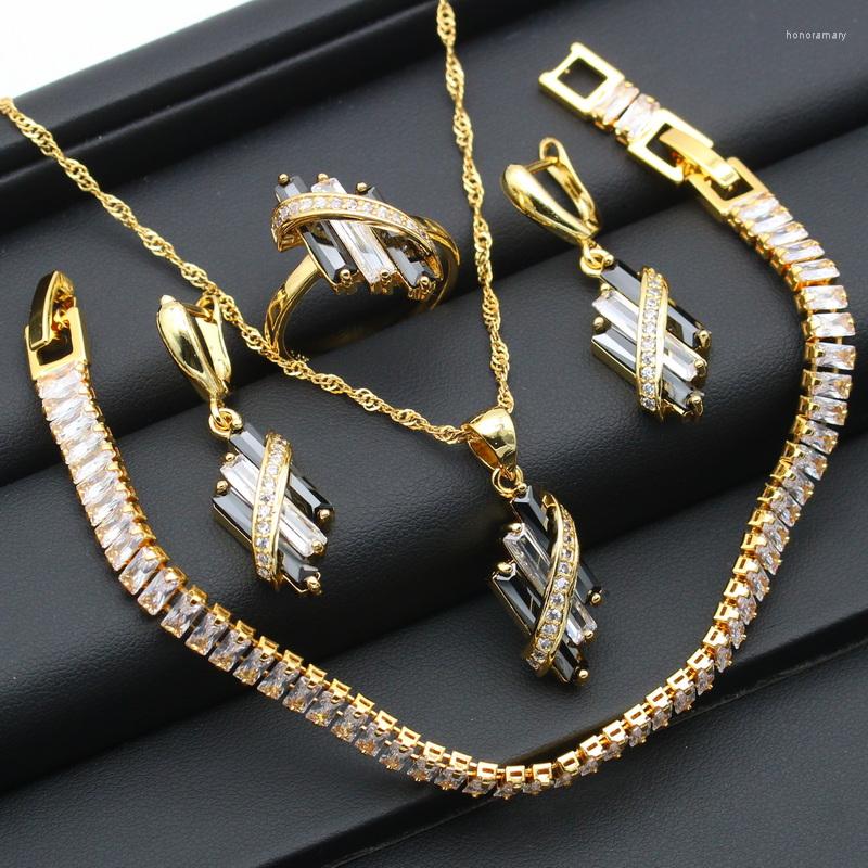 

Necklace Earrings Set Wedding Black White Zirconia Gold Color For Women Personalized Pendant Ring Bracelet Chain Christmas Gift, Picture shown