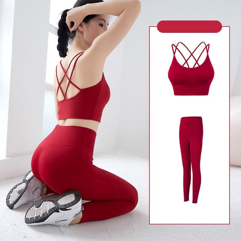 

Active Sets Arrival Yoga Set Tight Sexy Back Thin Shoulder Strap Cross Sports Bra Leggings 2pcs Suit Fitness Clothing Women Sportwear, Black