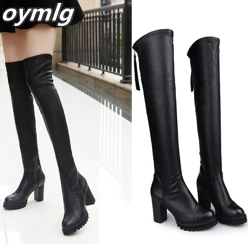 

Boots Autumn Winter Women's Pu Leather Over The Knee Back Zip Thick High Heel Platform Thigh Ladies Fashion Shoe Black 221114, Black plus cotton