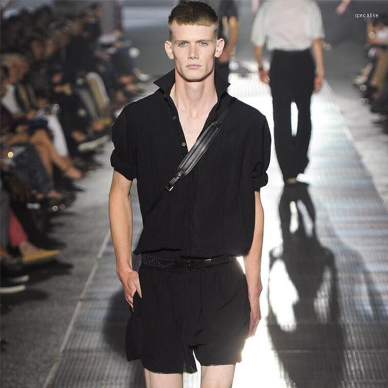 

Men's Pants Yu Wenle Summer Large Size Hair Stylist Tide Men's Shorts Short Sleeve Jumpsuit Overalls Slim, Black