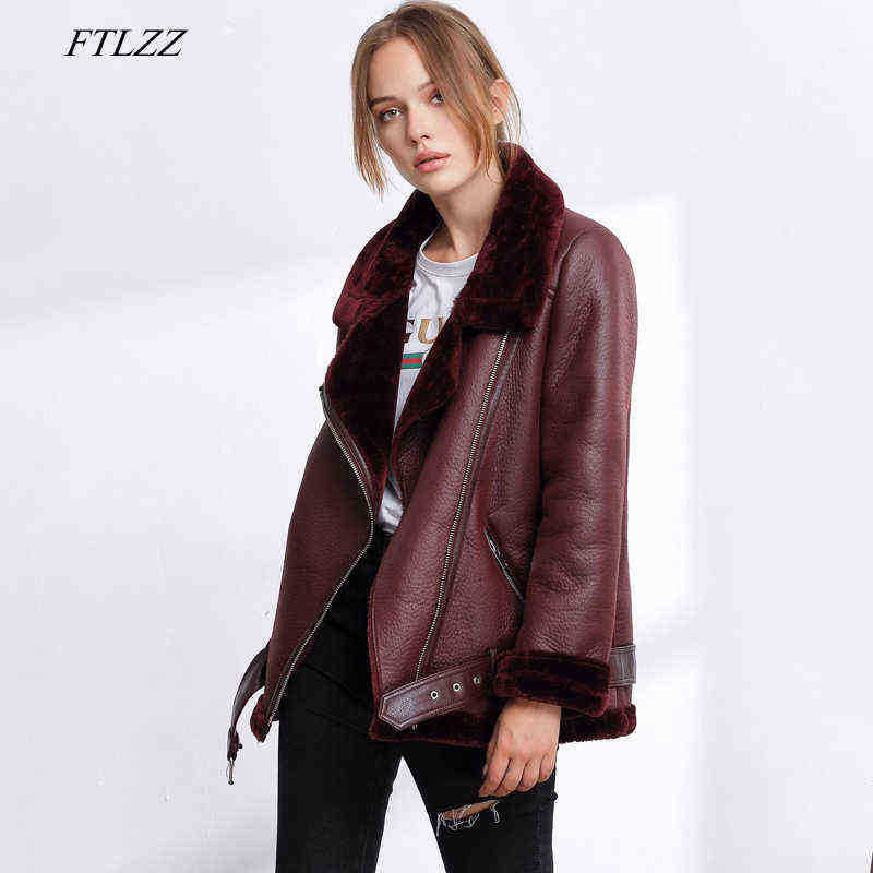 

Ftlzz Autumn Winter Faux Soft Leather Women Faux Lamb Leather Jacket Coat Warm Fur Collar Motorcycle Black Punk Zipper Outerwear J220727, Wine red
