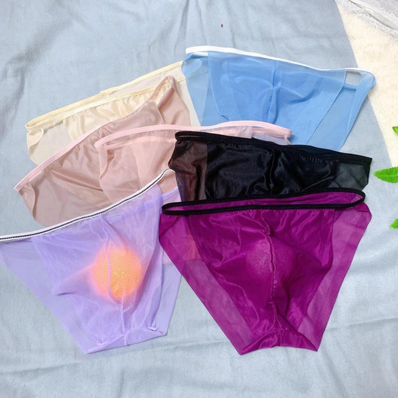 

Underpants Gay Sexy Mesh Briefs Transparent Sissy Imitation Silk Underwear Bulge Pouch Panties Soft Erotic Lingerie, Random color