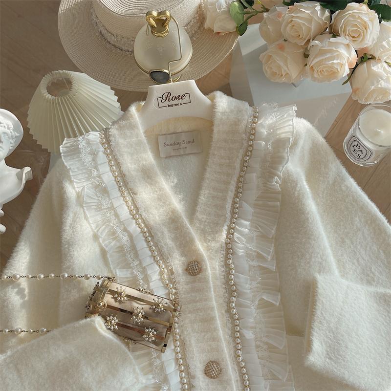 

Women's Knits Pearl Lace Ruffled Collar Mink-like Wool Cardigan Sweater Coat For Laides Elegant V-neck Short Knitted Sweaters Women, Cream apricot