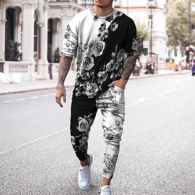 

Men's Tracksuits Summer Rose Pattern 3D Printed Short Sleeve T Shirt Long Pants 2 Piece Sets Casual Trend Oversized Men'S ClothingTracksuit 221114, Ts6671