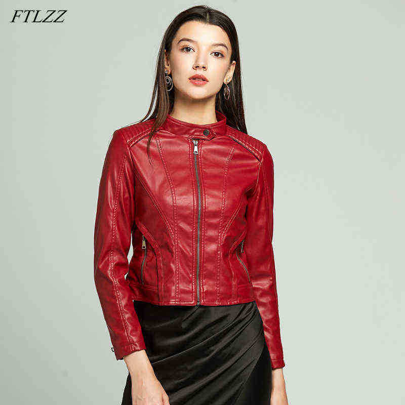 

Ftlzz Spring Fall Stand Collar Faux Leather Short Jacket Women Slim Moto Bike Pu Leather Jacket Fashion High Street Red Footprint J220727, Dark brown