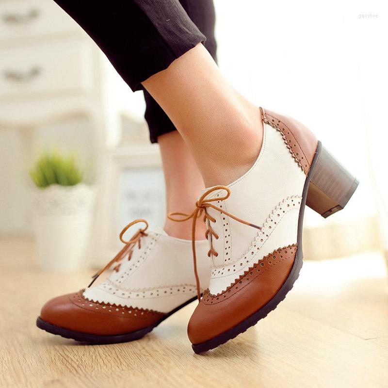 

Dress Shoes Womens Block Mid Heel Wingtip Oxfords Pumps Two Tone Perforated Lace Up Vintage Brogues, Black