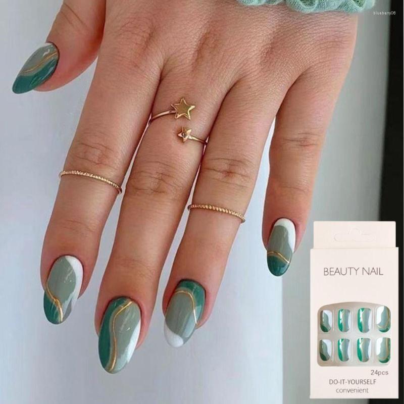 

False Nails 24pcs Detachable Green Gold Lines Style Full Cover DIY French Fake Short Oval, As show