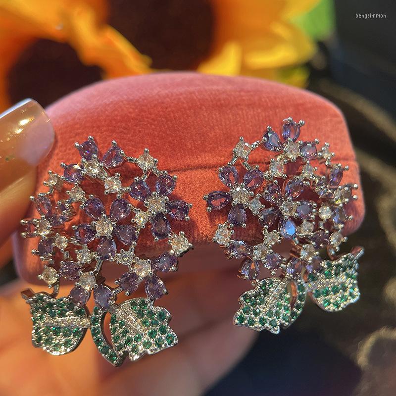

Dangle Earrings Elegant Exaggerated 925 Silver Flower Bling Zircon Purple Crystal Ladies 2022 Trending Jewelry