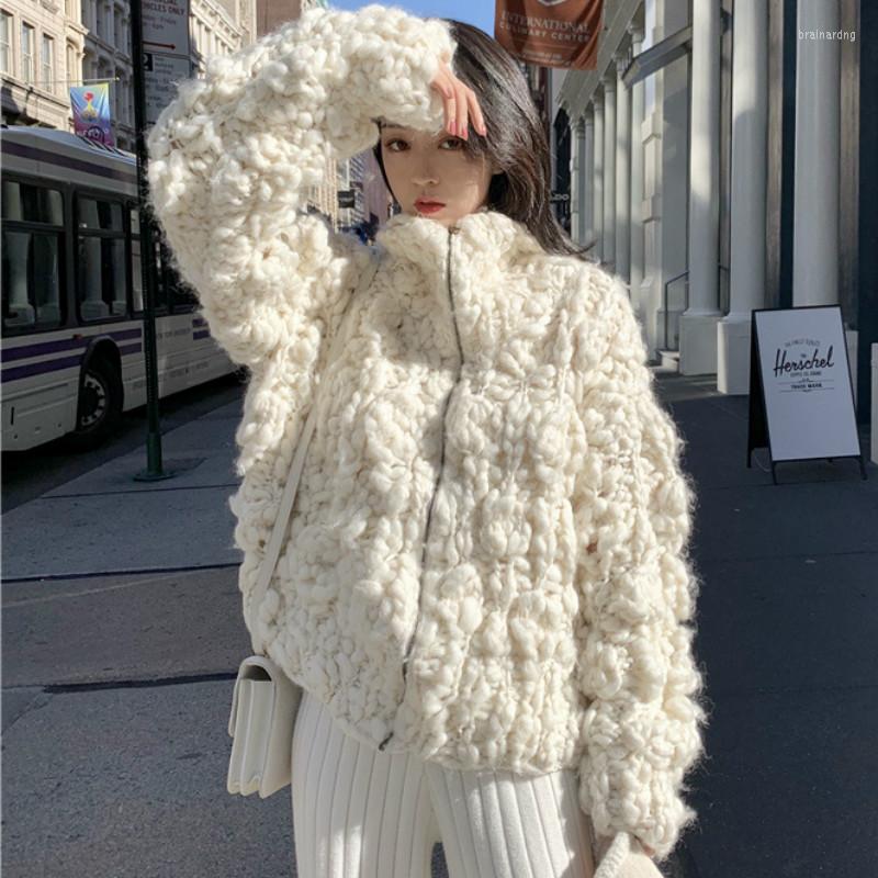 

Women' Knits Winter Zipper Knitted Cardigan Yarn Balls Crocheted Sweater Coat Wool Hook Flowers Stand Collar Jacket Crop Tops Sueter Mujer, Beige